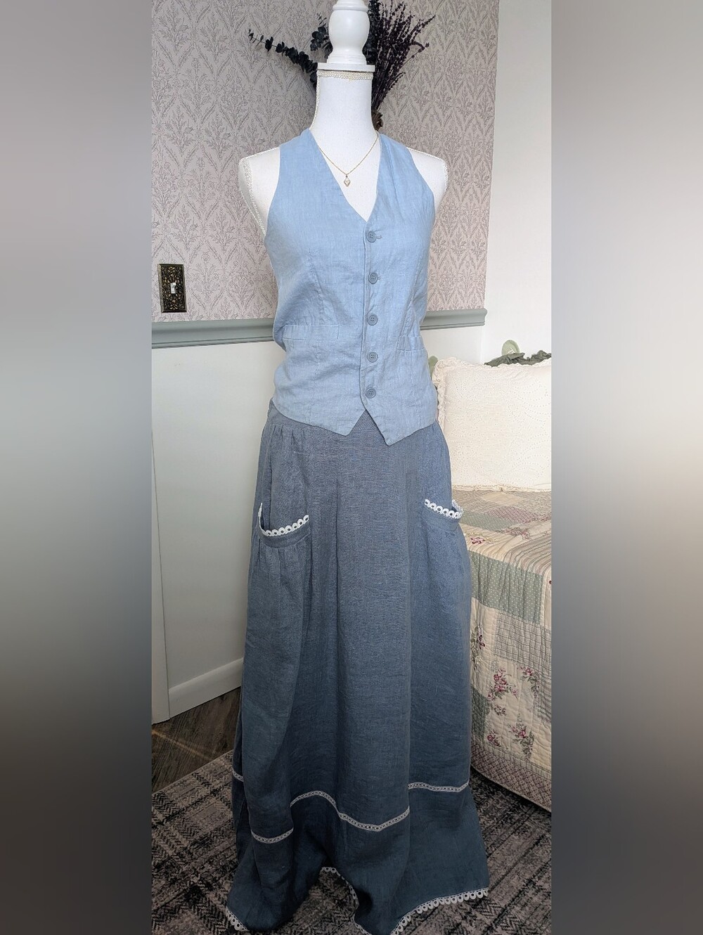 Lintico Fenla 100% Linen Lace Pocket Maxi Skirt Blue 2X